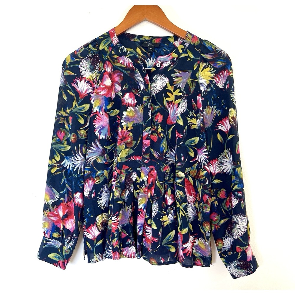 J Crew Womens Floral 100% Silk Top Size S Pleated Peplum Multicolor Garden Artsy